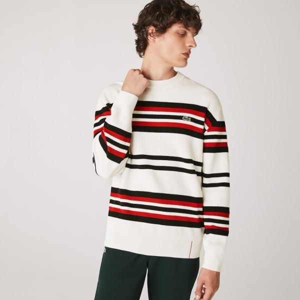 Lacoste Made in France Striped Organic Cotton Crew Neck Sweater Pánské - Svetr Bílé / Tmavě Blankyt